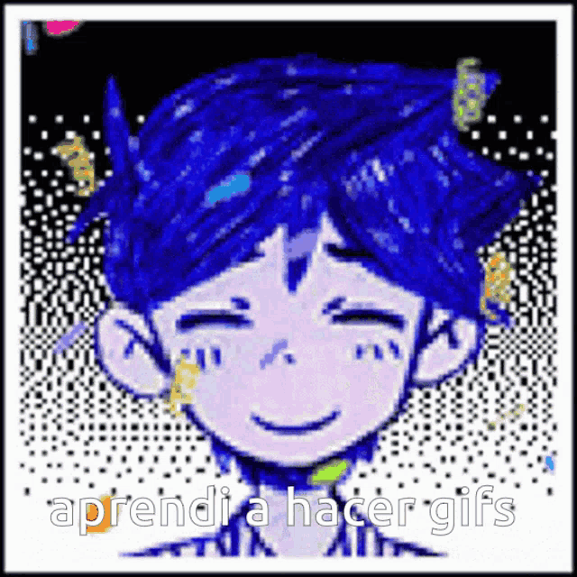 a pixel art of a boy with blue hair and the words aprendi a hacer gifs on the bottom