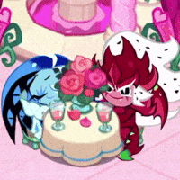 a cartoon character sitting at a table with a vase of flowers