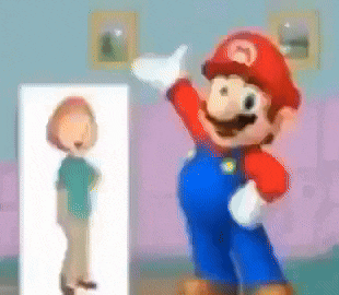 a cartoon of mario standing next to a woman in a living room .