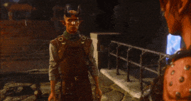 a woman with horns touches another woman 's face in a video game