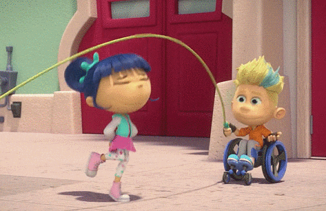 a boy in a wheelchair is jumping a jump rope next to a girl