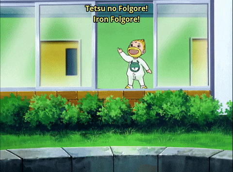 a cartoon character is standing in front of a building with the words tetsu no folgore iron folgore