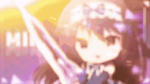a blurry picture of a girl holding a sword with the word min written in the background .