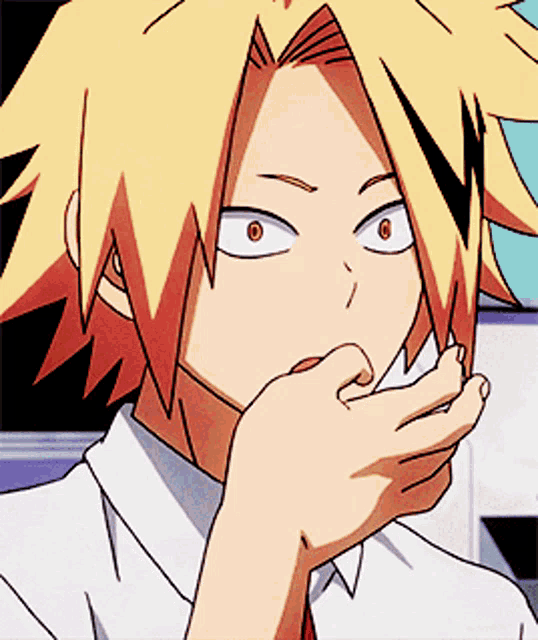 a close up of a cartoon character with a hand on his mouth