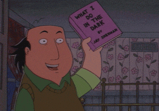 a cartoon man is holding up a book titled what i do in the dark