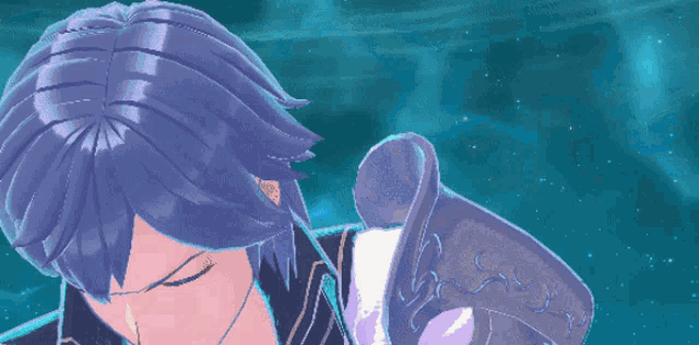 a pixel art of a man with blue hair