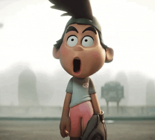 a cartoon character with a surprised look on his face is holding a baseball glove