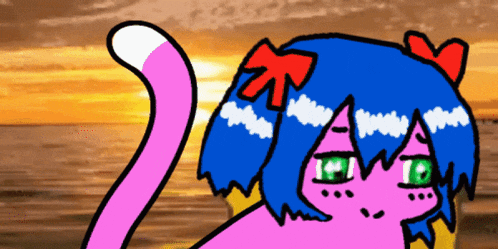 a cartoon drawing of a girl with blue hair and a pink tail
