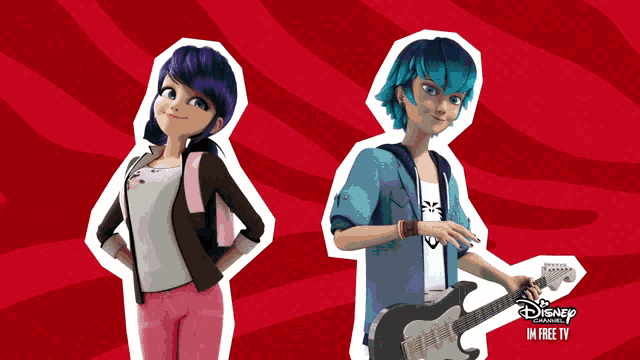 a girl and a boy standing next to each other with a disney channel logo on the bottom