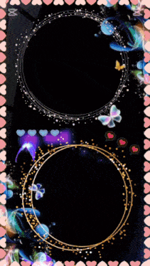 a black background with hearts and butterflies and two circles in the middle