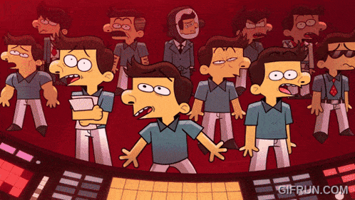 a group of cartoon characters are standing in front of a red background and the website gifrun.com is displayed