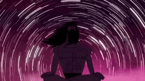 a man with a beard is sitting in a lotus position in front of a starry sky .
