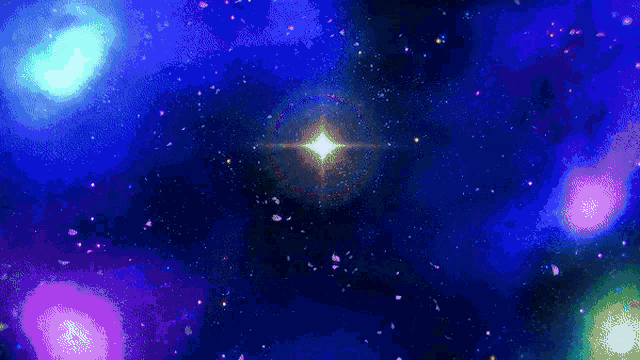 a star shines brightly in the middle of a blue and purple galaxy
