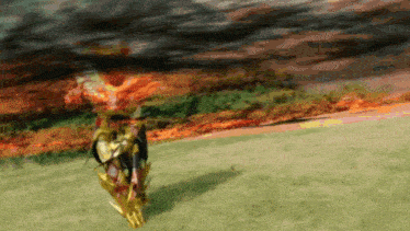 a painting of a person in a field with a sword