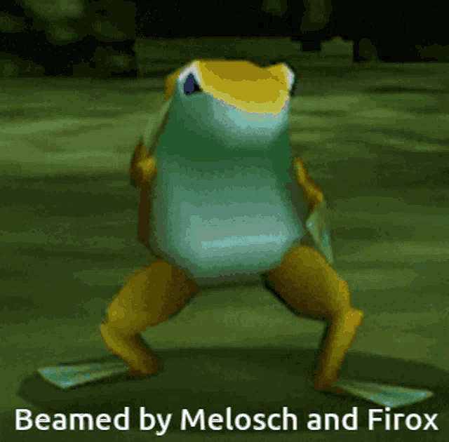 a frog with the words beamed by melosch and firox below it
