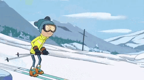 a cartoon character is skiing down a snow covered hill