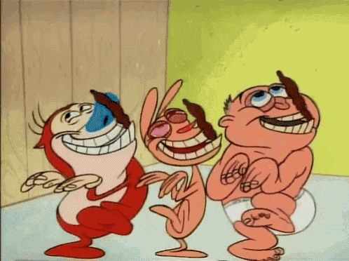 three cartoon characters are standing next to each other smiling