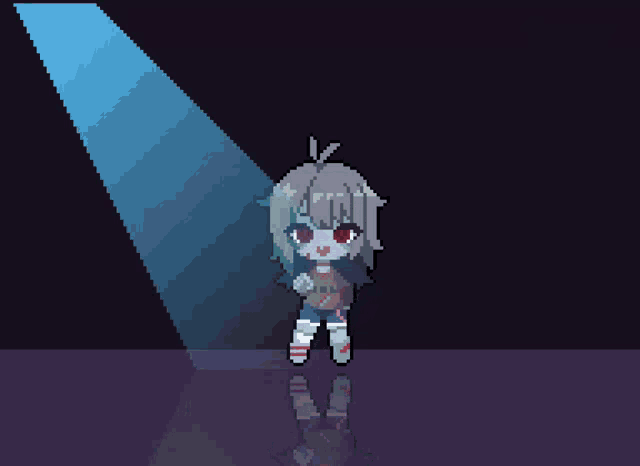 a pixel art of a girl standing in front of a spotlight