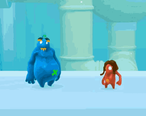 a blue monster is standing next to an orange monster with dreadlocks