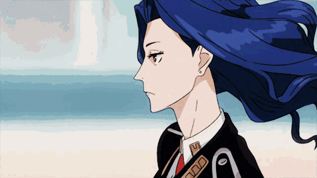 a woman with blue hair is wearing a suit and tie