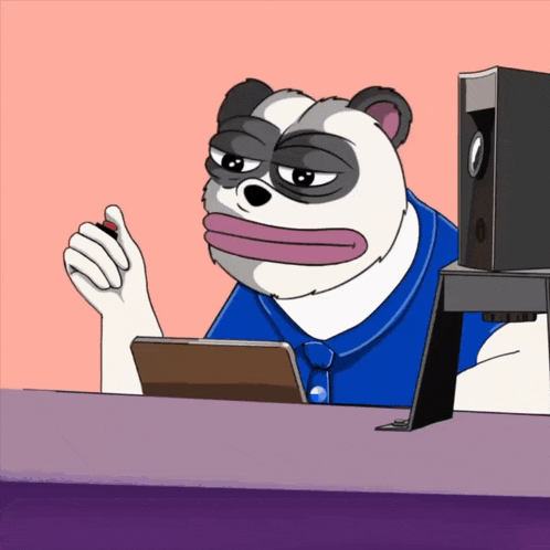a cartoon of a panda bear wearing a blue shirt