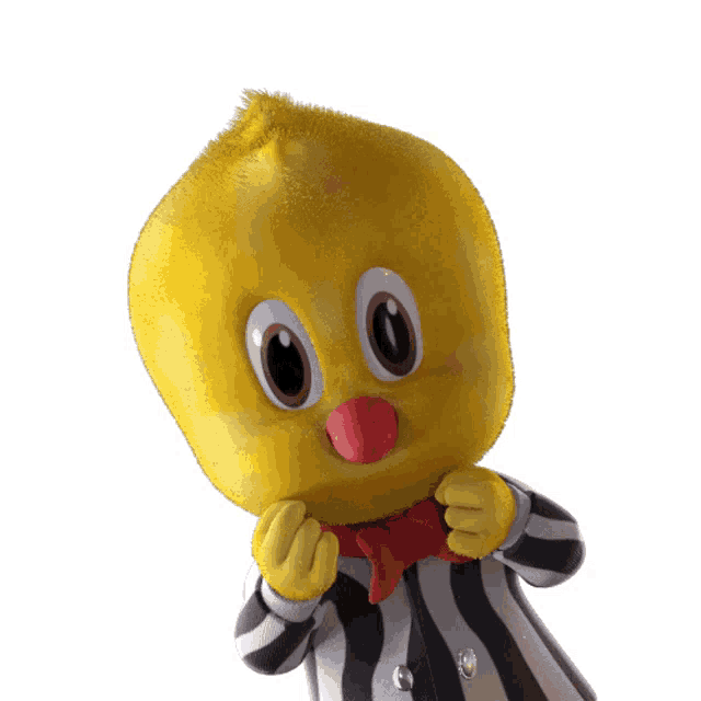 a yellow cartoon character with a red nose is wearing a black and white striped jacket