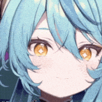 a close up of a blue haired anime girl with orange eyes