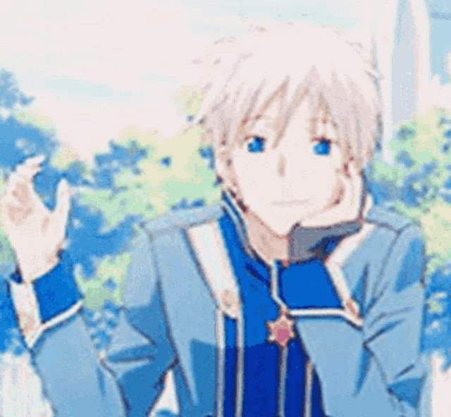 a boy with white hair and blue eyes is wearing a blue jacket and blue pants .