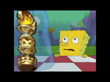a cartoon of spongebob looking at a statue