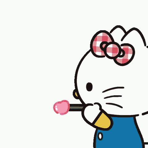 hello kitty is blowing a heart shaped flower from her mouth .