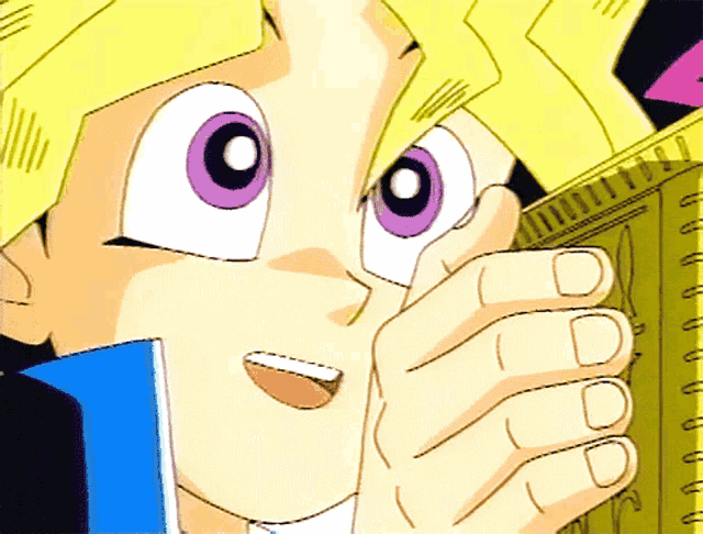 a cartoon character with purple eyes is holding a book