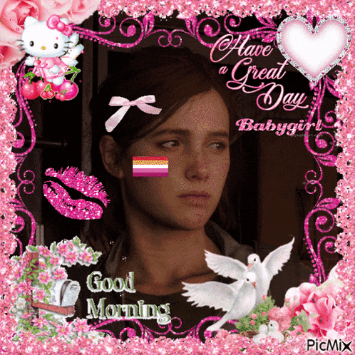 a picture of a girl with a lesbian flag on her face with the words have a great day babygirl