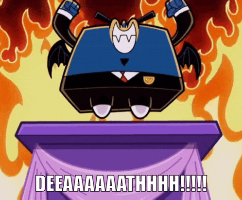 a cartoon character is standing on a podium with the words deeaaa aathhhh !!!