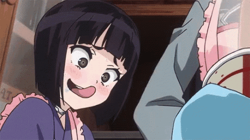 a cartoon girl with short black hair is making a funny face while standing next to a person .