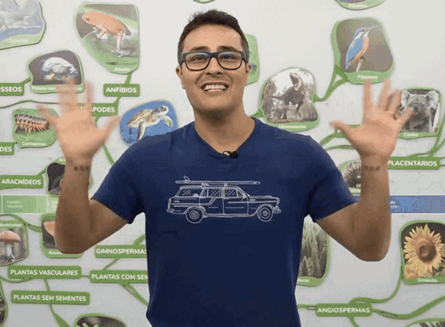 a man wearing a blue shirt with a car on the front