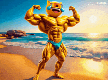 a cartoon illustration of a bodybuilder with a luma logo in the corner