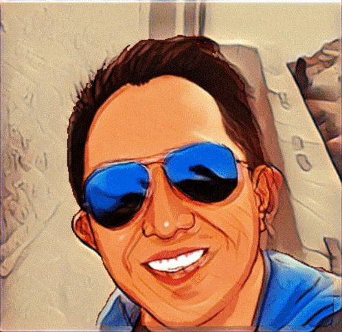 a cartoon of a man wearing sunglasses and a blue shirt