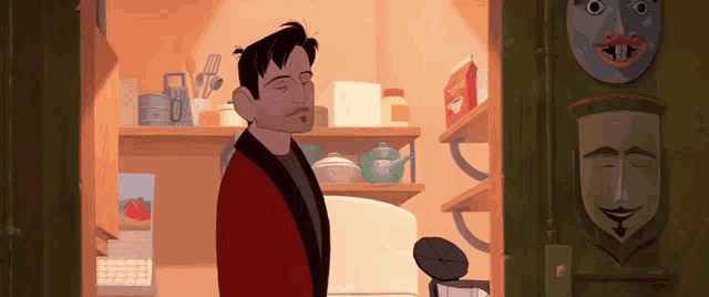 a man in a red robe is standing in a kitchen with a box of coffee on the shelves