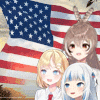 three anime girls are standing in front of a large american flag .