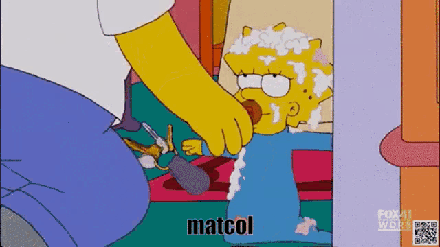 a cartoon of maggie simpson being brushed by her father