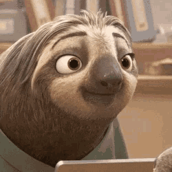 a close up of a sloth wearing a green shirt and smiling