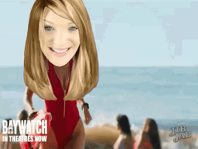 a cartoon of a woman in a red bathing suit with the words baywatch in theatres now