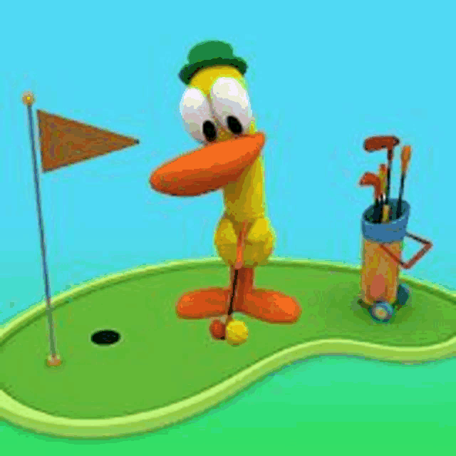 a cartoon duck is playing golf on a small green island
