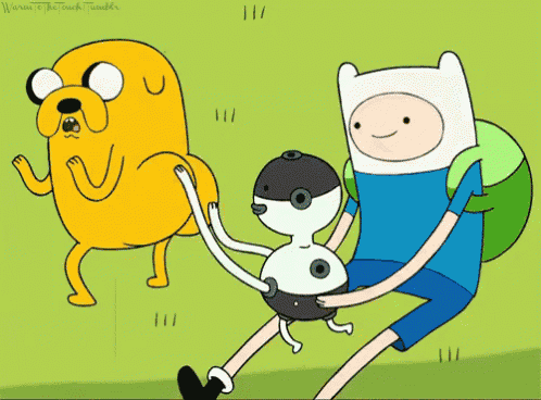 a cartoon character named finn is holding a black and white item