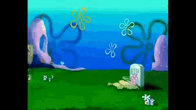 a cartoon scene from spongebob squarepants with a grave in the grass