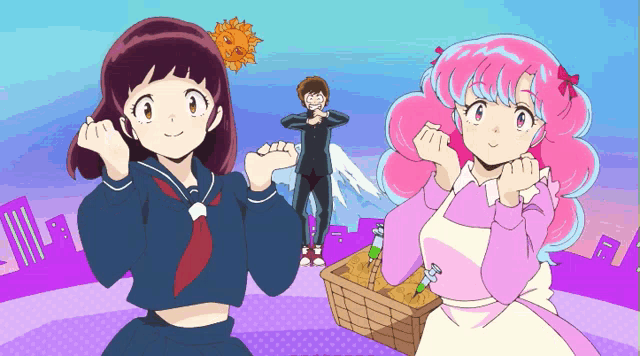 a cartoon of a girl in a sailor suit standing next to a girl in a pink dress