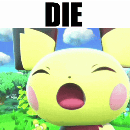 a cartoon character with its mouth open and the word die written above it