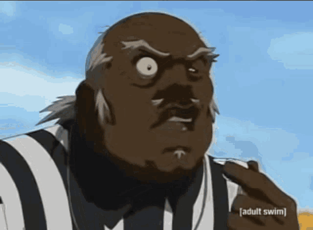 a cartoon of a man with a striped shirt that says adult swim on the bottom