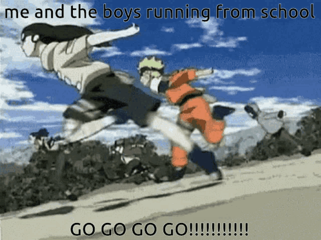a cartoon of a girl and a boy running from school with the caption " me and the boys running from school go go go go "