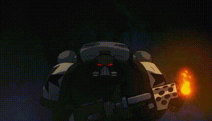 a cartoon of a robot with red eyes holding a torch in a dark room .